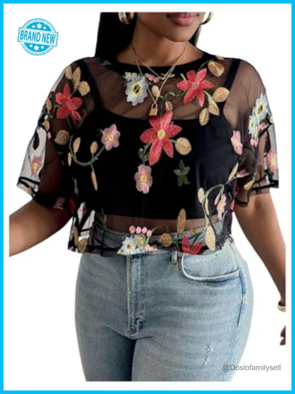 Plus Size Sheer Mesh Floral Embroidered Crop Top Short Sleeve Blouse